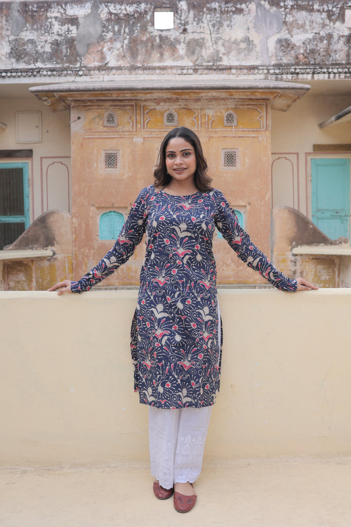 The Amara Indigo Floral Full Sleeves Laila Kurti