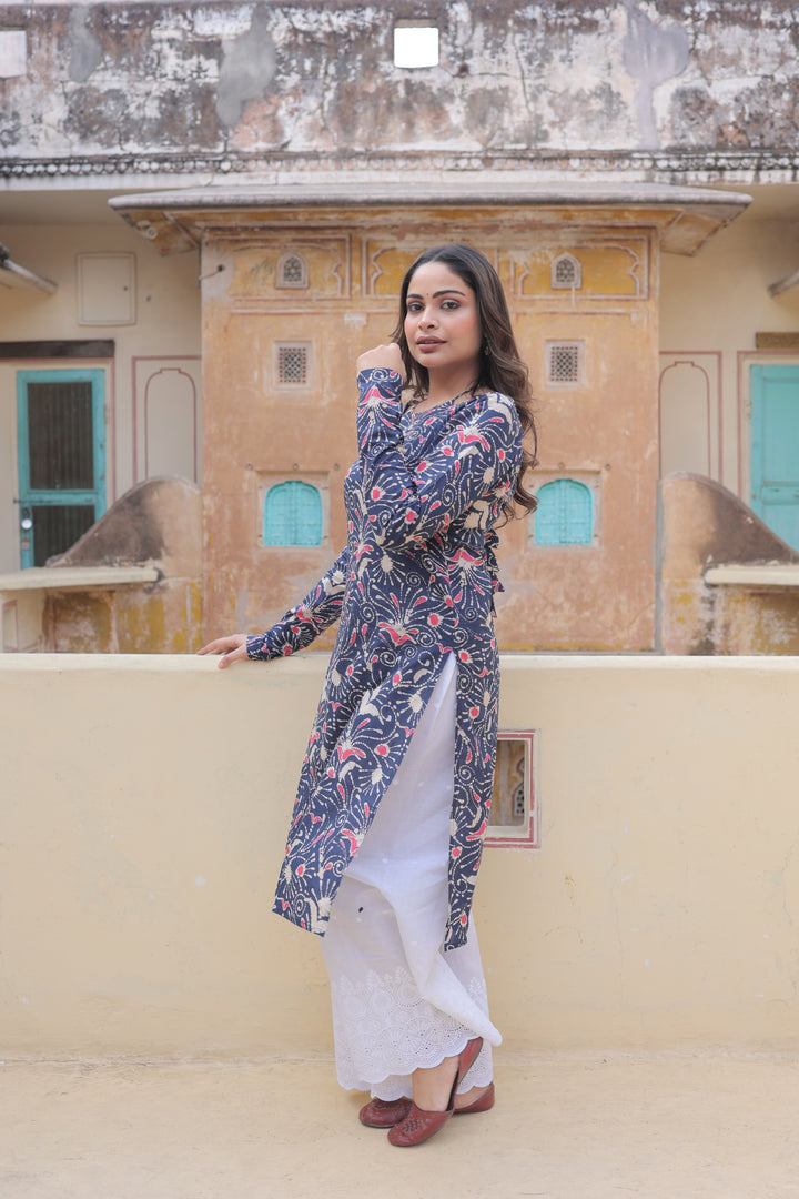 The Amara Indigo Floral Full Sleeves Laila Kurti
