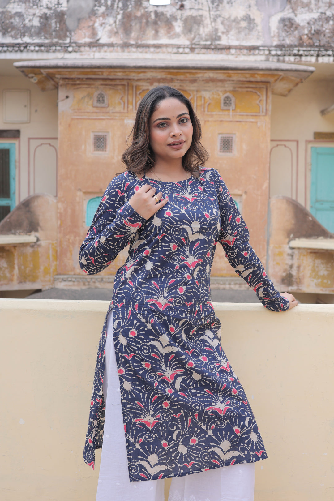 The Amara Indigo Floral Full Sleeves Laila Kurti