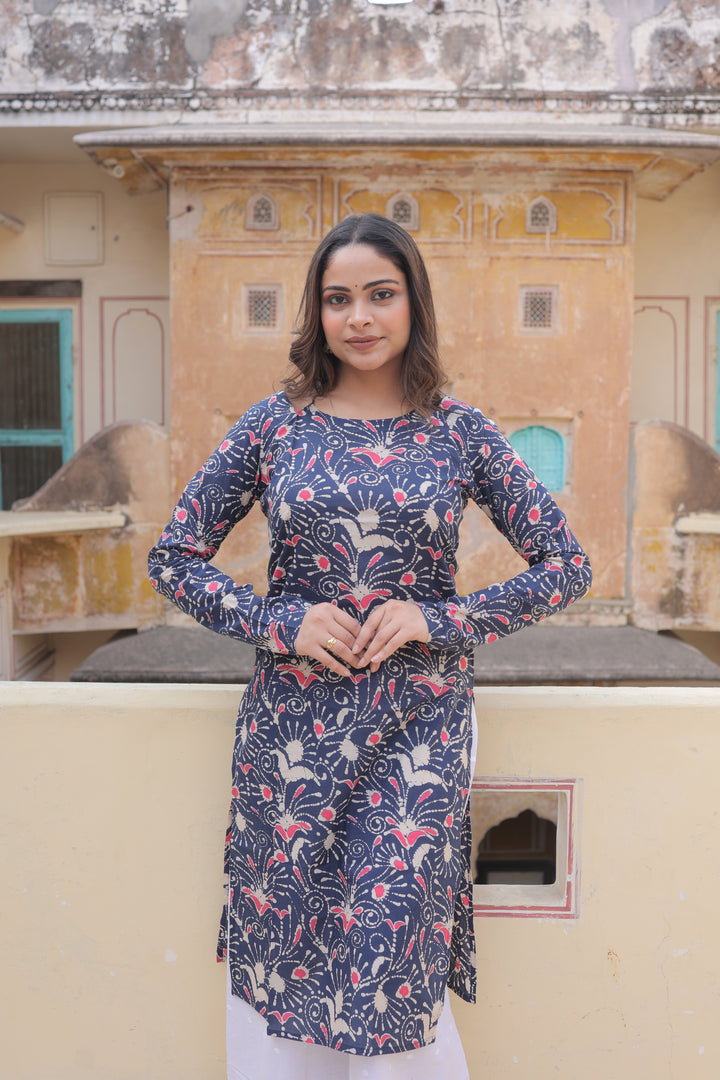 The Amara Indigo Floral Full Sleeves Laila Kurti