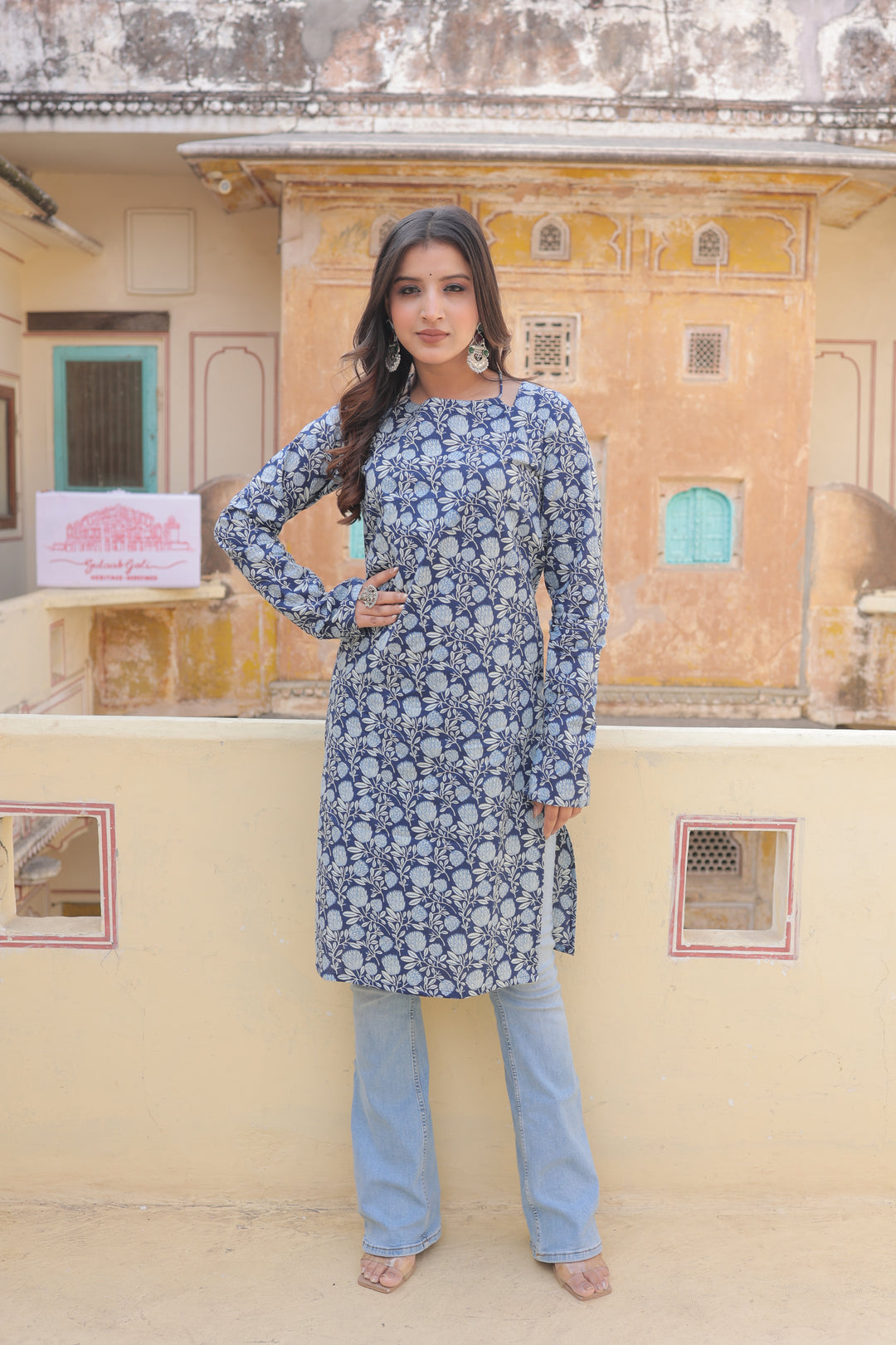 The Sana Indigo Floral Full Sleeves Laila Kurti