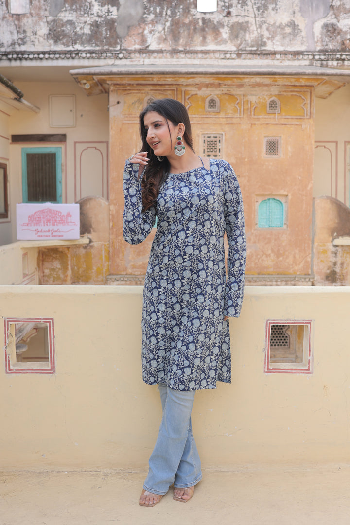 The Sana Indigo Floral Full Sleeves Laila Kurti
