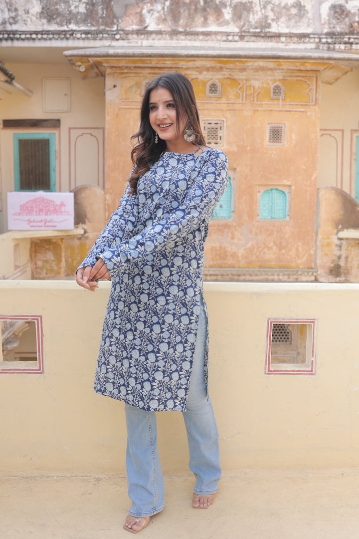 The Sana Indigo Floral Full Sleeves Laila Kurti
