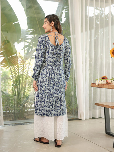 The Sana Indigo Floral Full Sleeves Laila Kurti