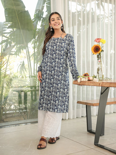 The Sana Indigo Floral Full Sleeves Laila Kurti