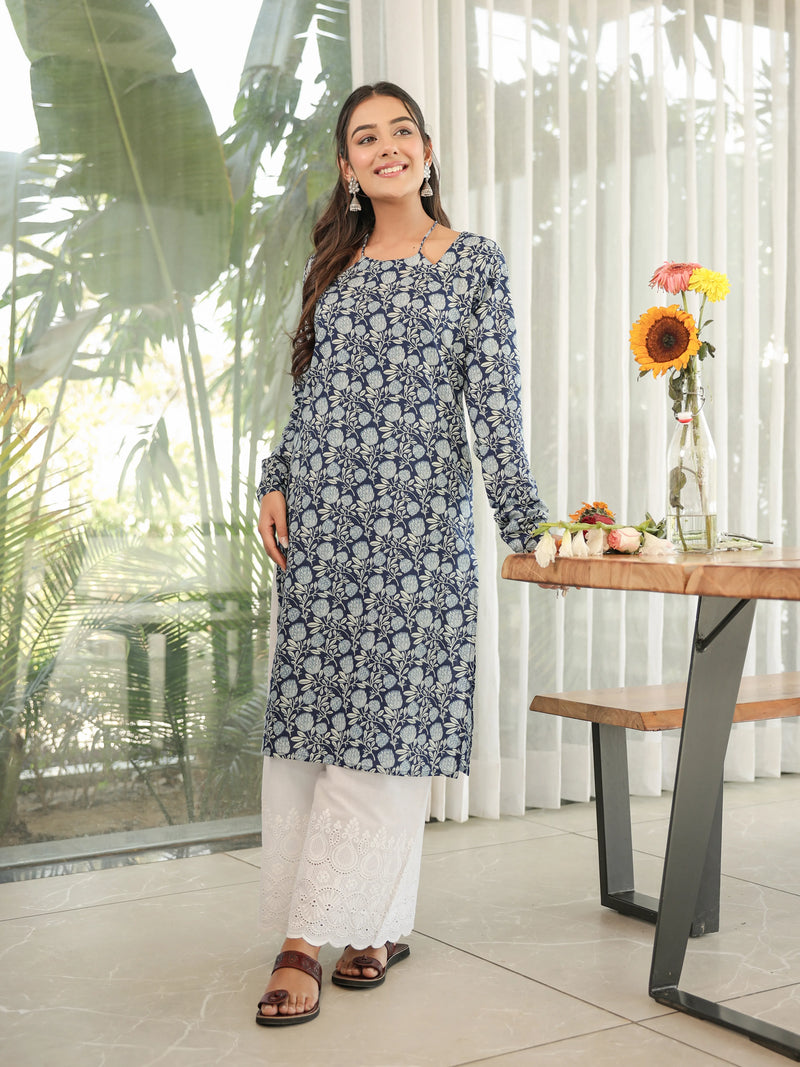 The Sana Indigo Floral Full Sleeves Laila Kurti