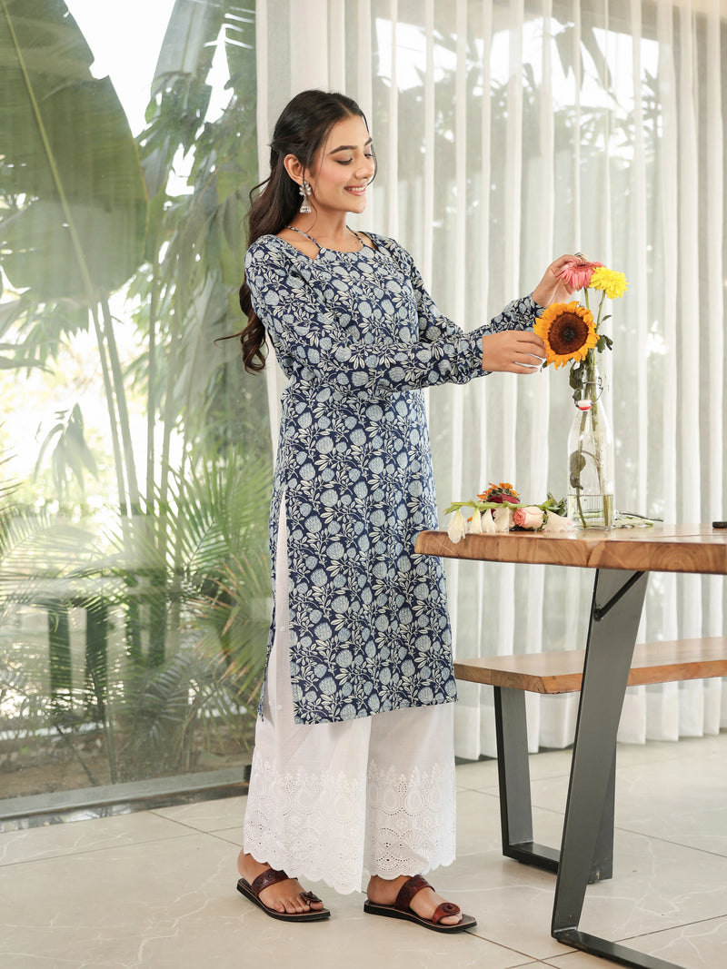 The Sana Indigo Floral Full Sleeves Laila Kurti