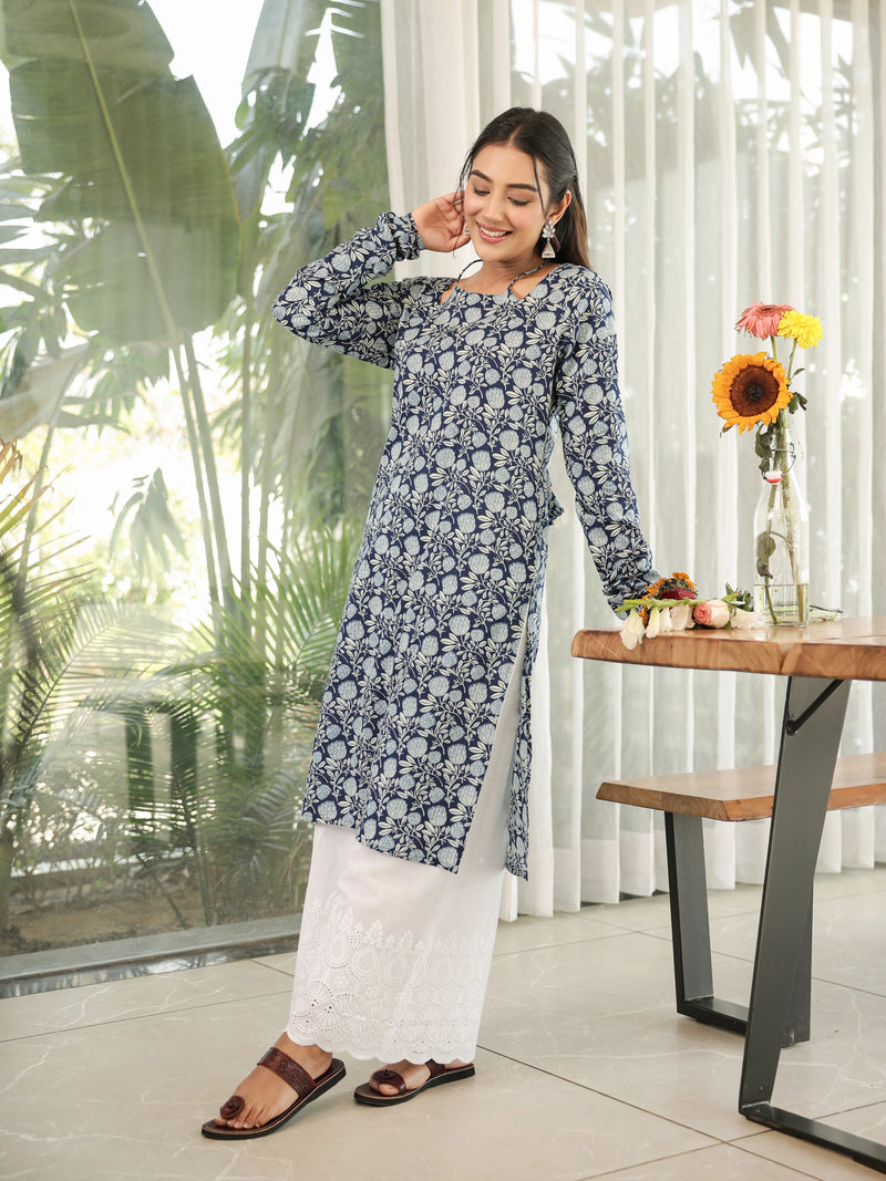 The Sana Indigo Floral Full Sleeves Laila Kurti