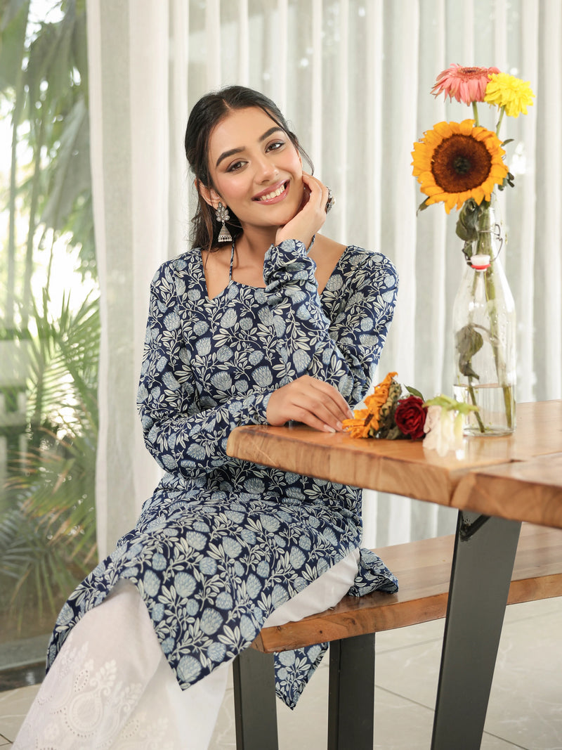 The Sana Indigo Floral Full Sleeves Laila Kurti