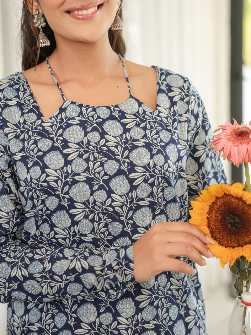 The Sana Indigo Floral Full Sleeves Laila Kurti
