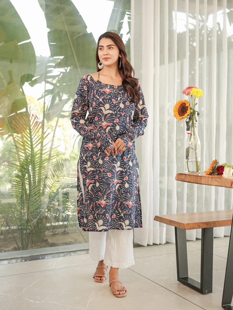 The Amara Indigo Floral Full Sleeves Laila Kurti