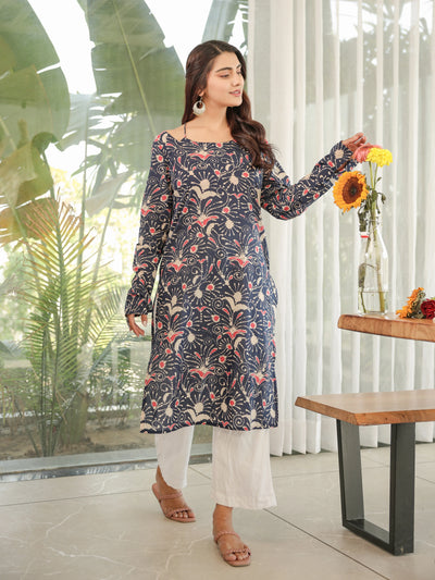 The Amara Indigo Floral Full Sleeves Laila Kurti