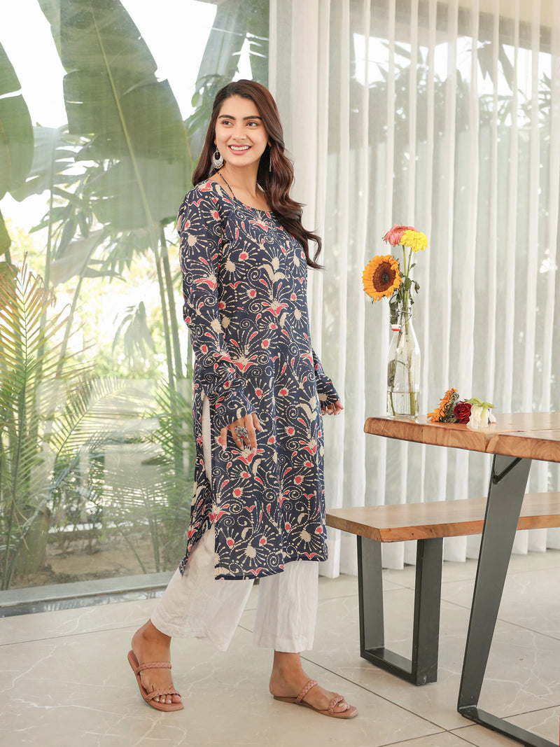 The Amara Indigo Floral Full Sleeves Laila Kurti