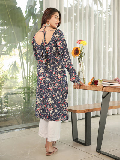 The Amara Indigo Floral Full Sleeves Laila Kurti