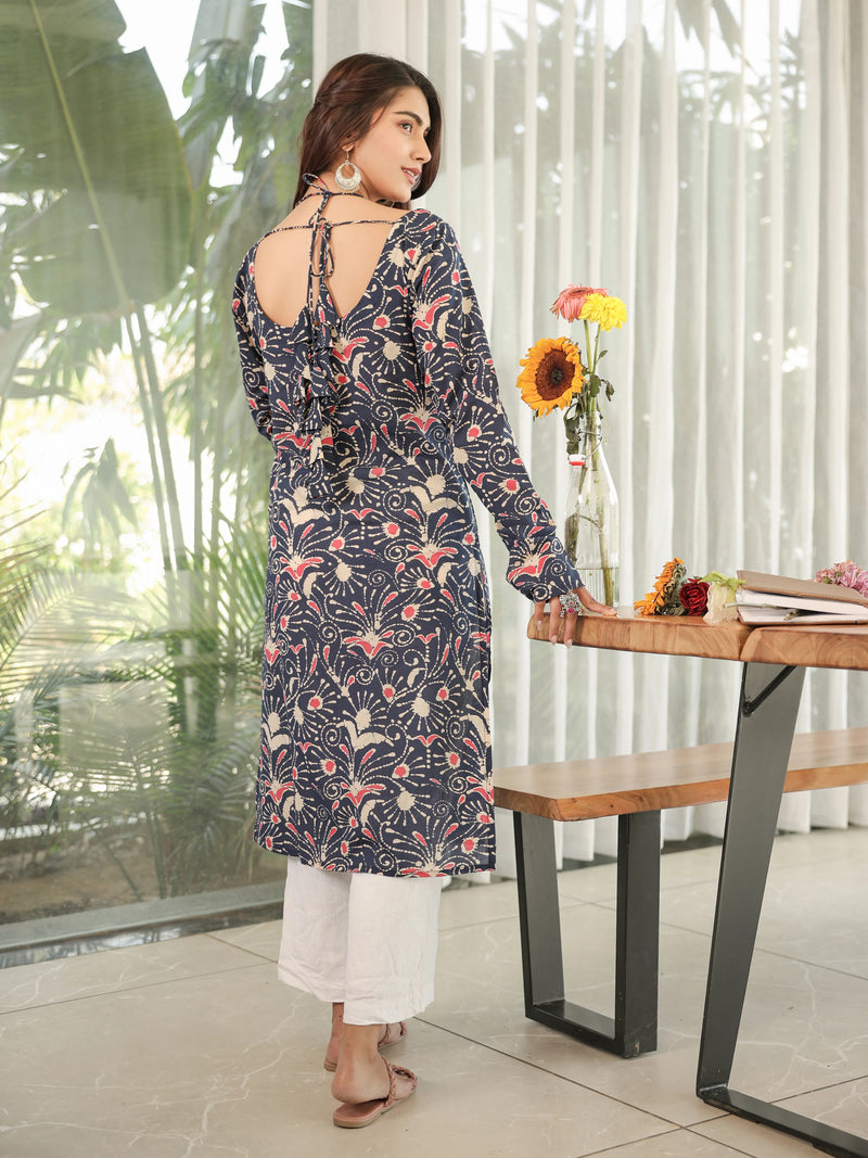 The Amara Indigo Floral Full Sleeves Laila Kurti