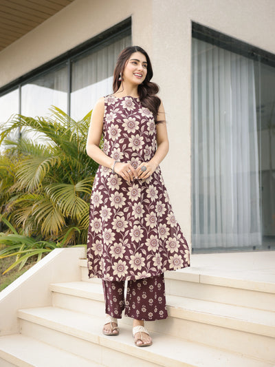 The Ananya Chocolate Brown Floral Printed Cotton Sleeveless Kurta & Pant Set