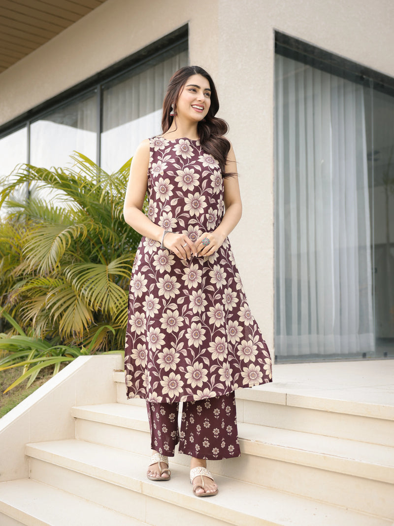 The Ananya Chocolate Brown Floral Printed Cotton Sleeveless Kurta & Pant Set