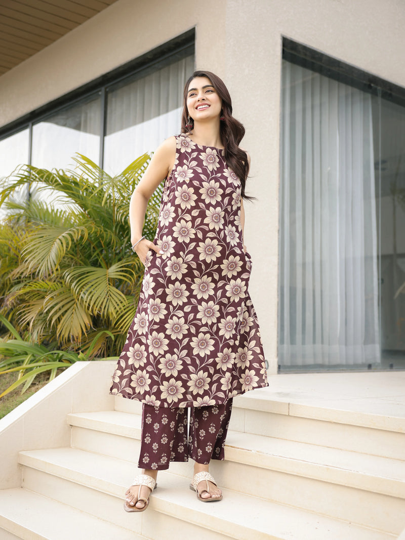 The Ananya Chocolate Brown Floral Printed Cotton Sleeveless Kurta & Pant Set