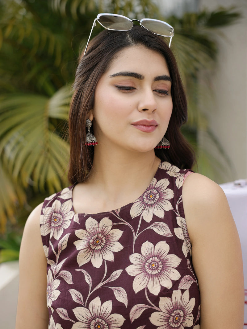 The Ananya Chocolate Brown Floral Printed Cotton Sleeveless Kurta & Pant Set