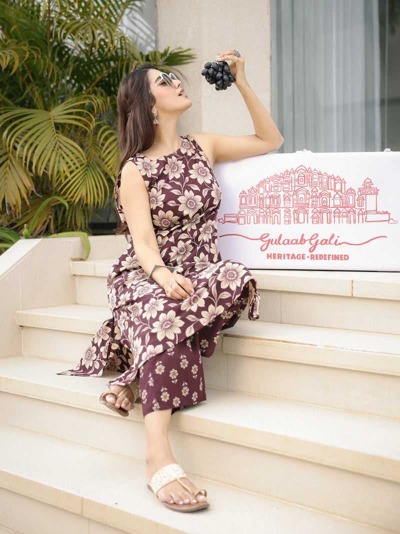 The Ananya Chocolate Brown Floral Printed Cotton Sleeveless Kurta & Pant Set