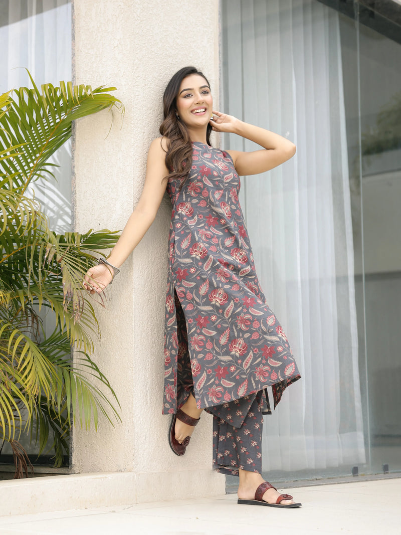 The Saachi Earthy Floral Printed Cotton Sleeveless Kurta & Pant Set