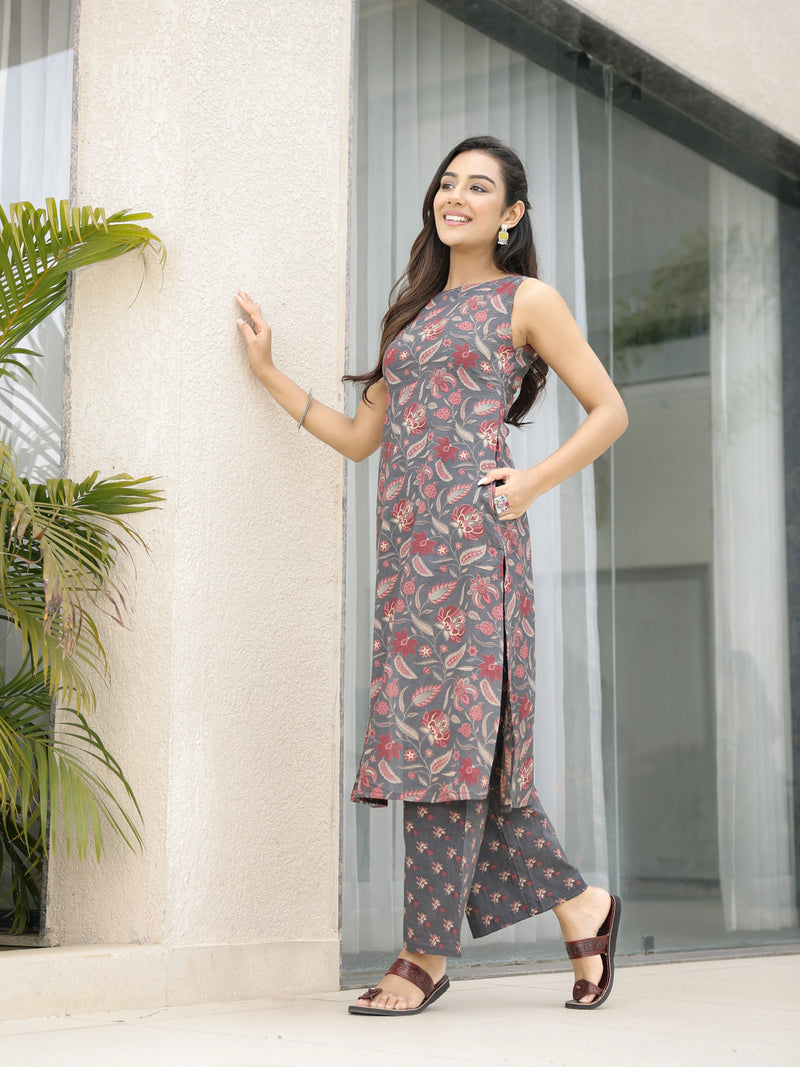 The Saachi Earthy Floral Printed Cotton Sleeveless Kurta & Pant Set