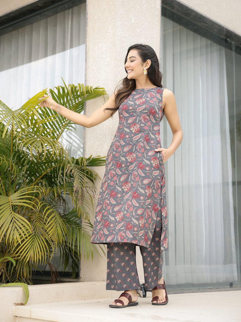 The Saachi Earthy Floral Printed Cotton Sleeveless Kurta & Pant Set