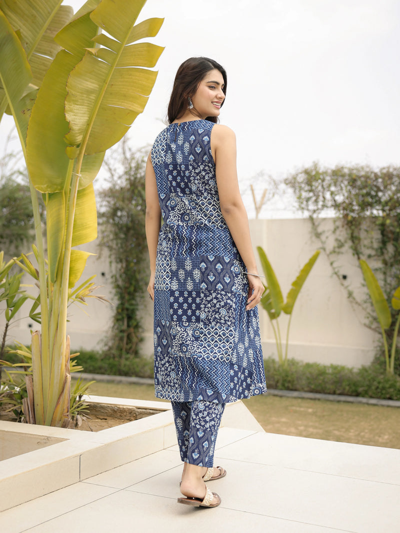 The Navya Sanganeri Indigo Patchwork Kurta-Pant Set