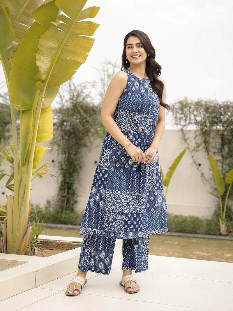 The Navya Sanganeri Indigo Patchwork Kurta-Pant Set