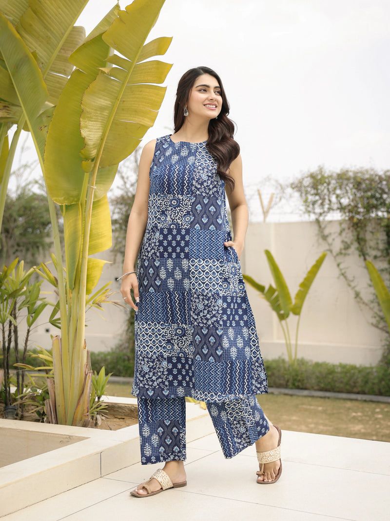 The Navya Sanganeri Indigo Patchwork Kurta-Pant Set