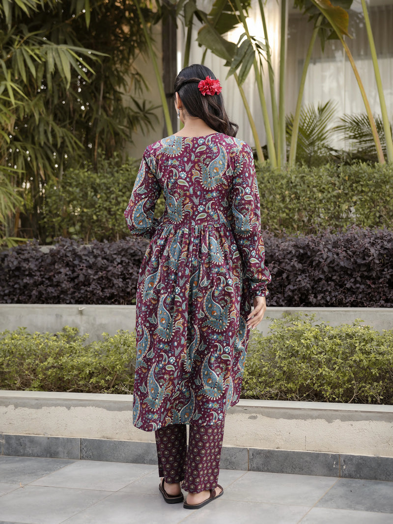 Ruhani –Wine Paisley Cotton Suit Set with Dupatta