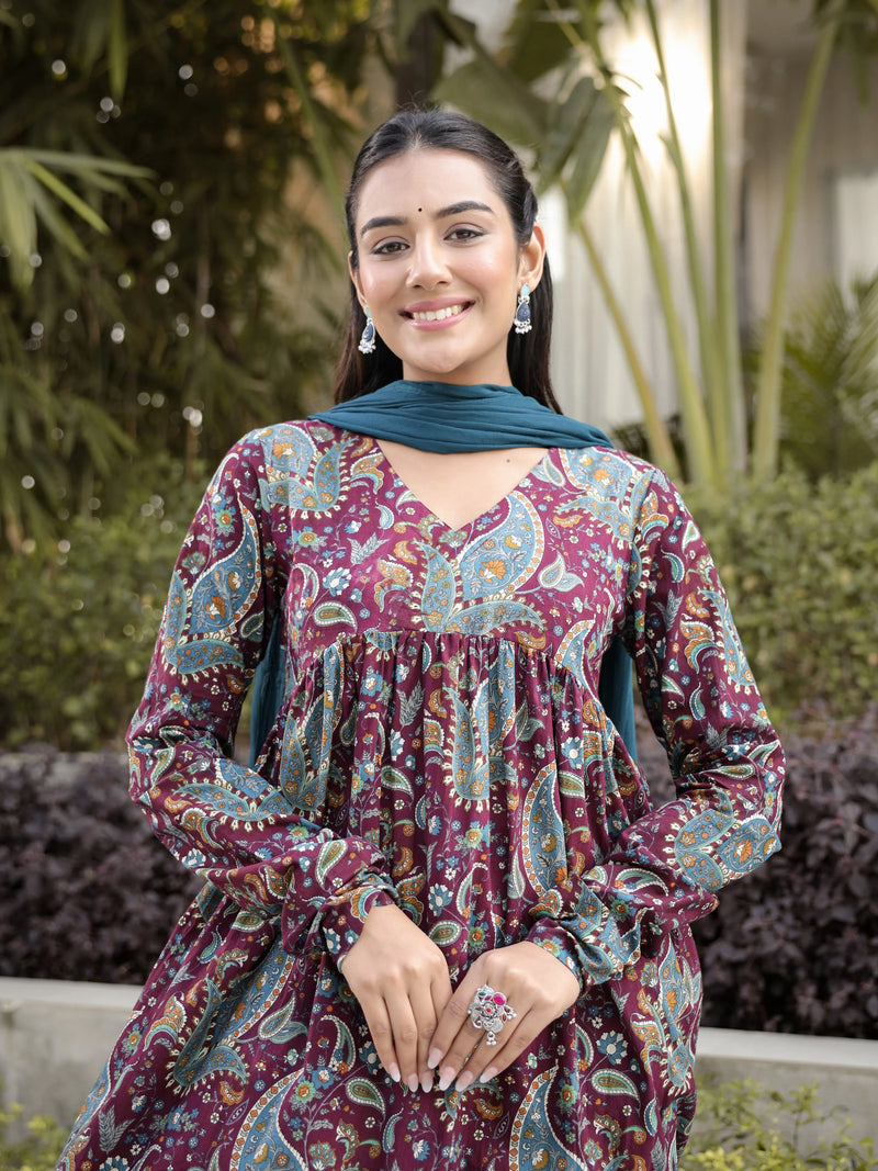 Ruhani –Wine Paisley Cotton Suit Set with Dupatta