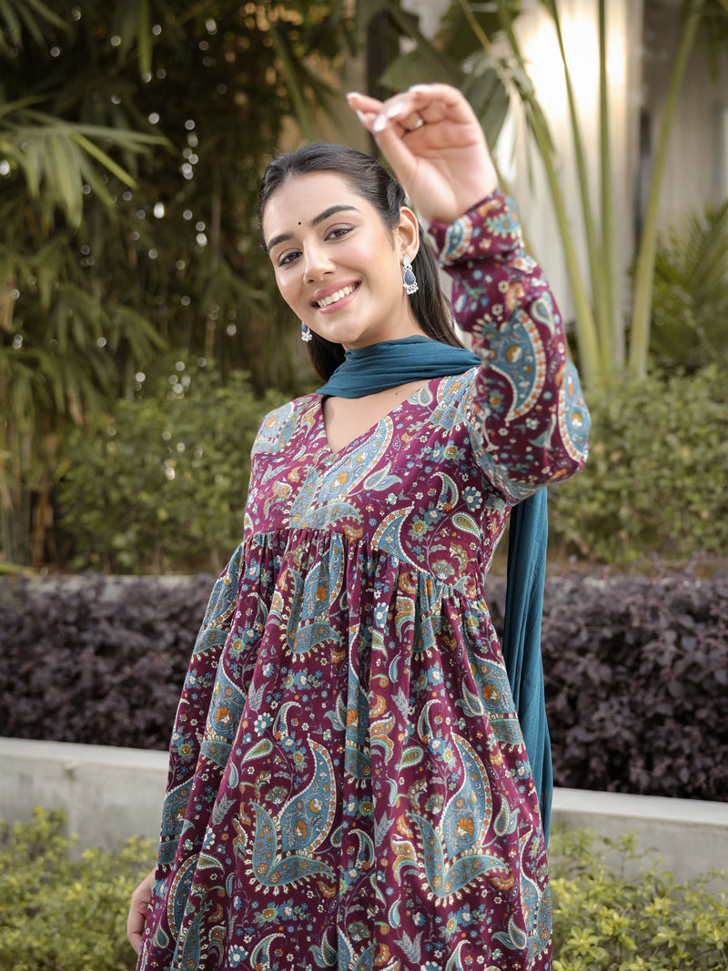 Ruhani –Wine Paisley Cotton Suit Set with Dupatta