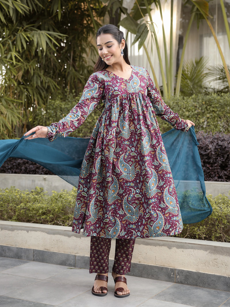 Ruhani –Wine Paisley Cotton Suit Set with Dupatta
