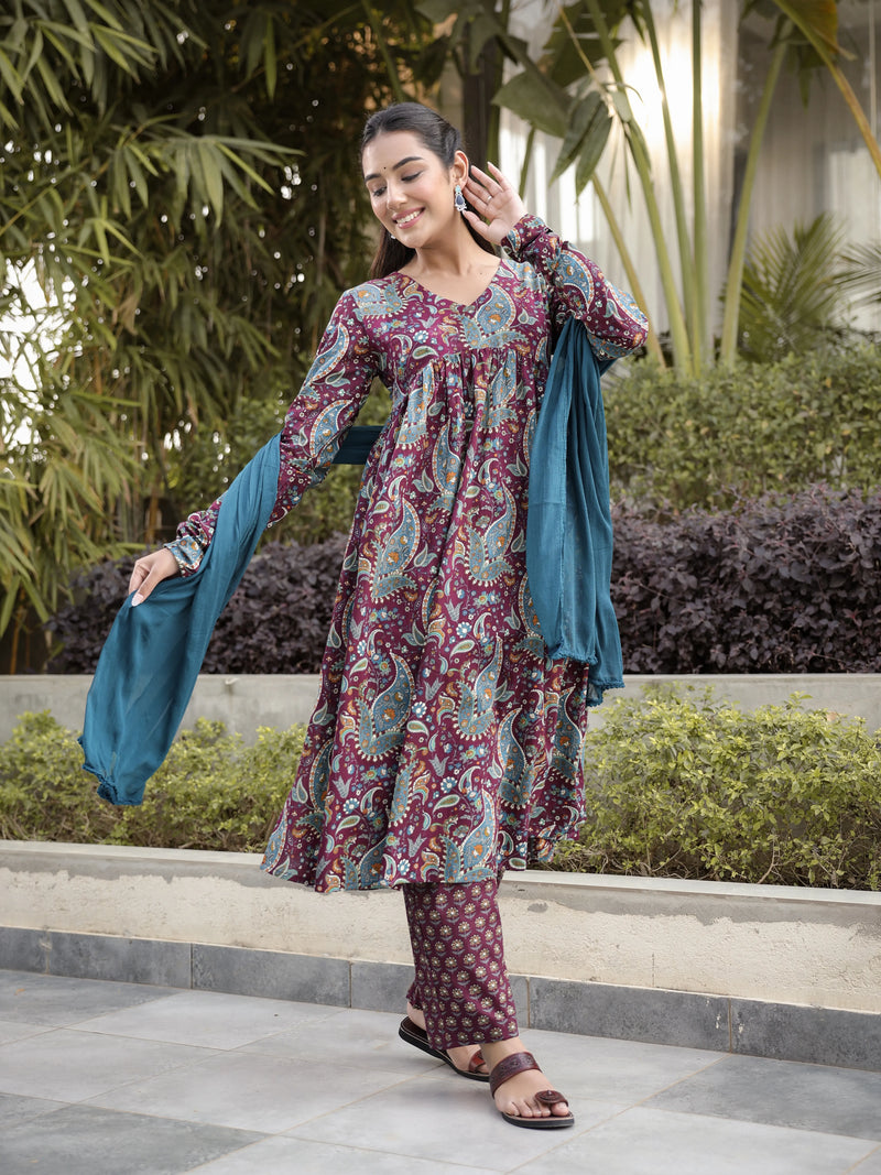 Ruhani –Wine Paisley Cotton Suit Set with Dupatta