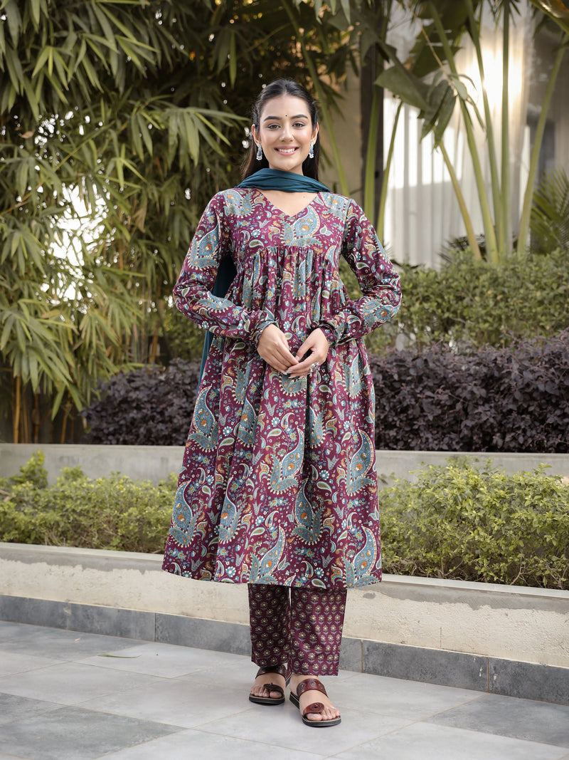Ruhani –Wine Paisley Cotton Suit Set with Dupatta