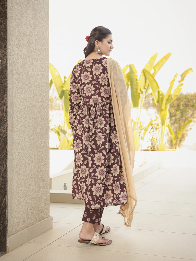 Kashish – Brown Floral Cotton Suit Set with Dupatta