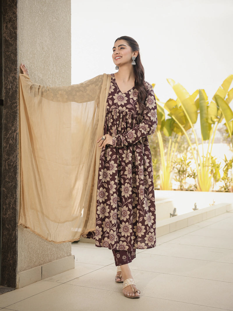 Kashish – Brown Floral Cotton Suit Set with Dupatta