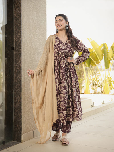 Kashish – Brown Floral Cotton Suit Set with Dupatta