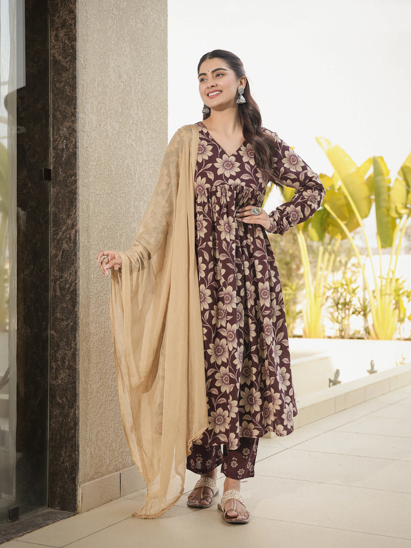 Kashish – Brown Floral Cotton Suit Set with Dupatta