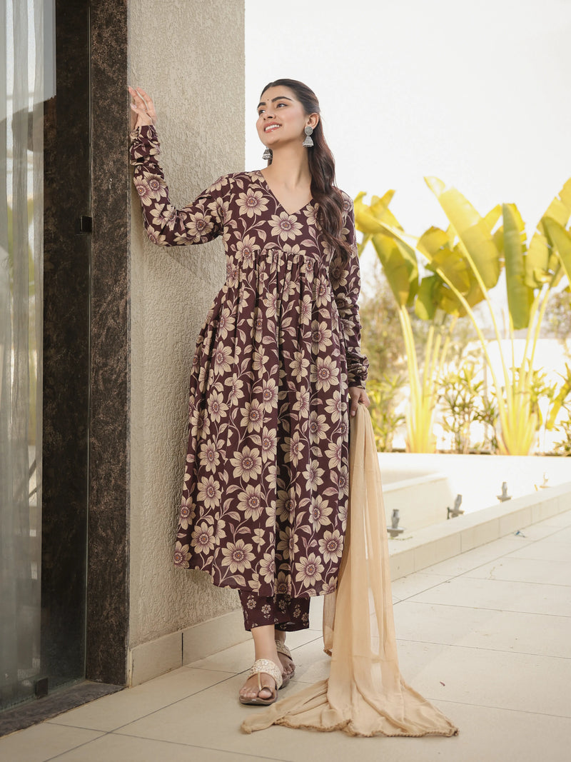 Kashish – Brown Floral Cotton Suit Set with Dupatta