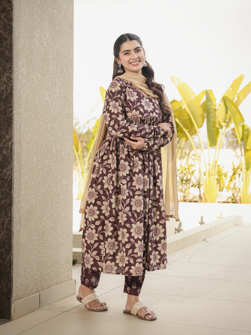 Kashish – Brown Floral Cotton Suit Set with Dupatta