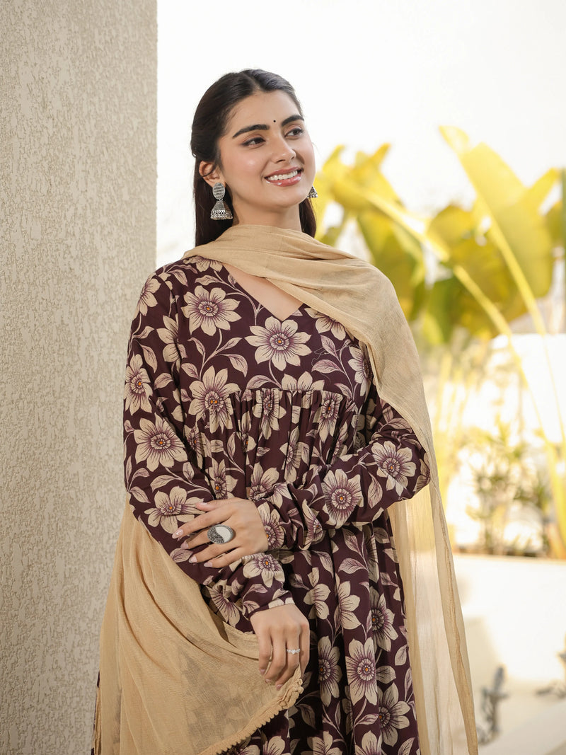 Kashish – Brown Floral Cotton Suit Set with Dupatta