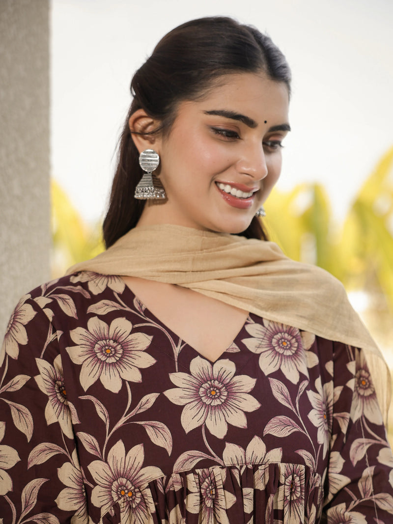 Kashish – Brown Floral Cotton Suit Set with Dupatta