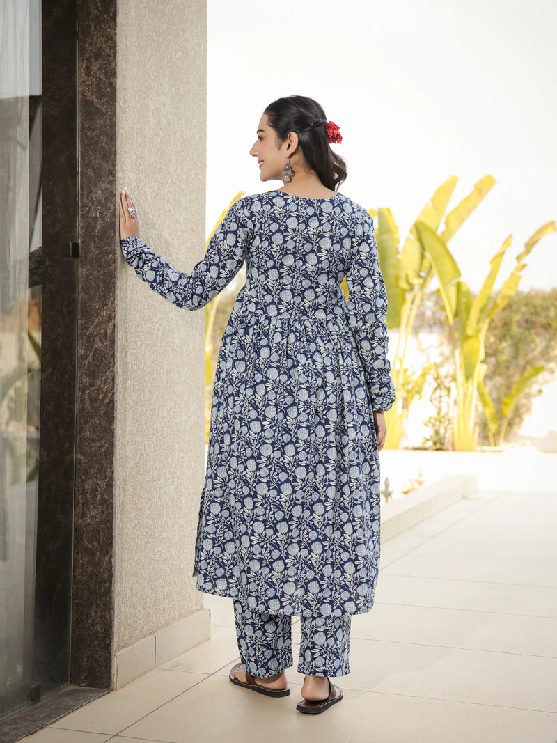 Neerja –  Indigo Floral Cotton Suit Set with Dupatta