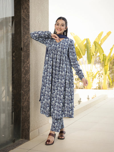 Neerja –  Indigo Floral Cotton Suit Set with Dupatta