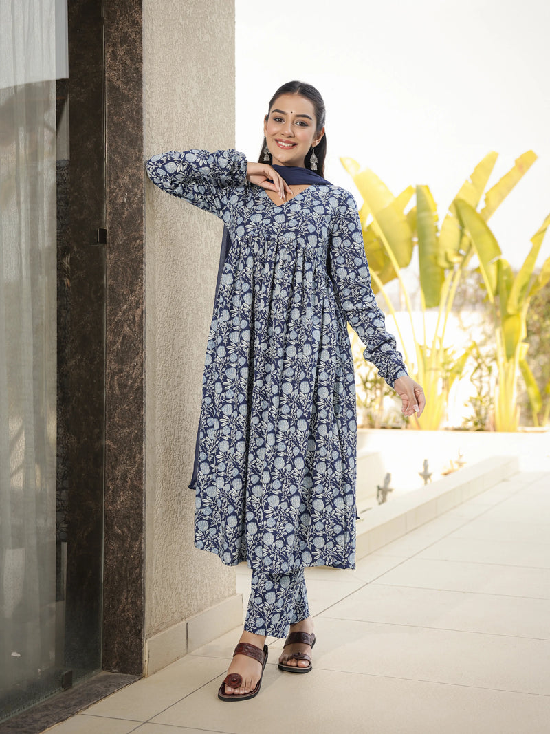 Neerja –  Indigo Floral Cotton Suit Set with Dupatta