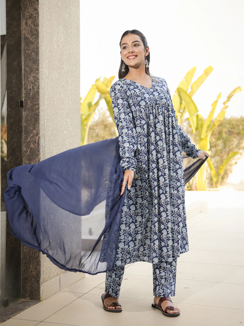 Neerja –  Indigo Floral Cotton Suit Set with Dupatta