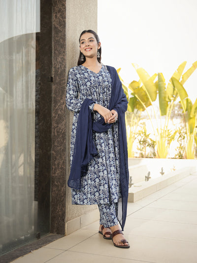 Neerja –  Indigo Floral Cotton Suit Set with Dupatta