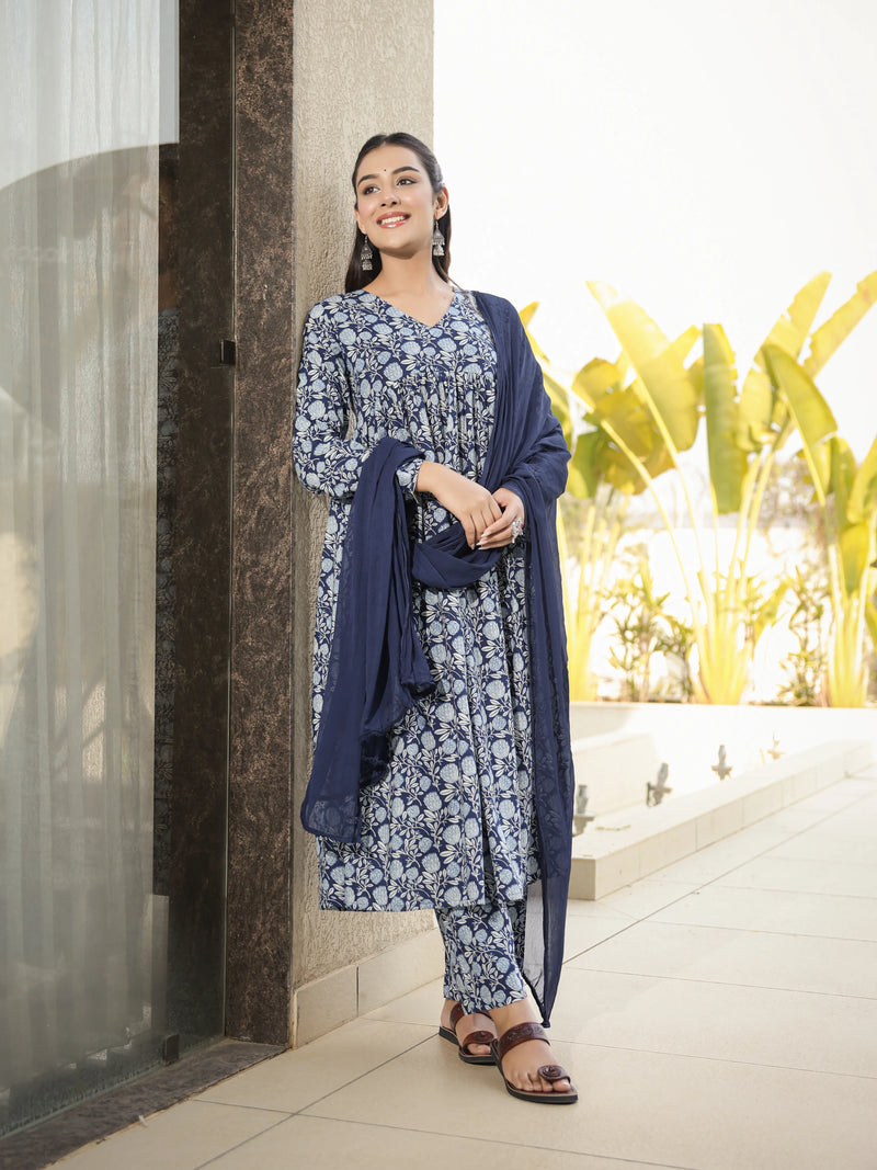 Neerja –  Indigo Floral Cotton Suit Set with Dupatta